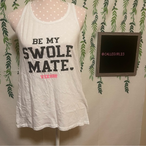 Size M Victoria’s Secret White Racerback Tank Top “Be My Swole Mate ❤️” A2 - Picture 1 of 4